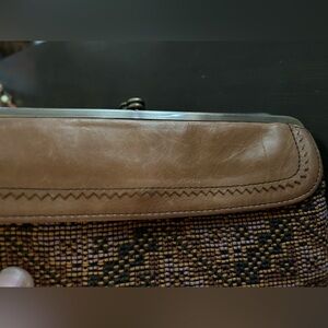 HOBO Tan Leather and Patterned Fabric Hobo Bag